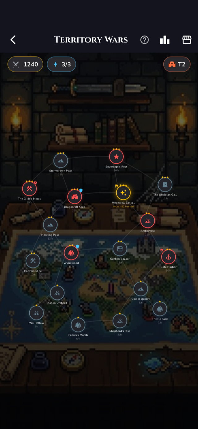 The Territory Wars map in Guild Master Tycoon, showing eighteen territories with their spoils rates and owners